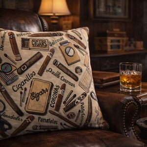 Cigar Themed Tapestry Throw Pillow 16x16 Man Cave Lounge Decor Tobacciana